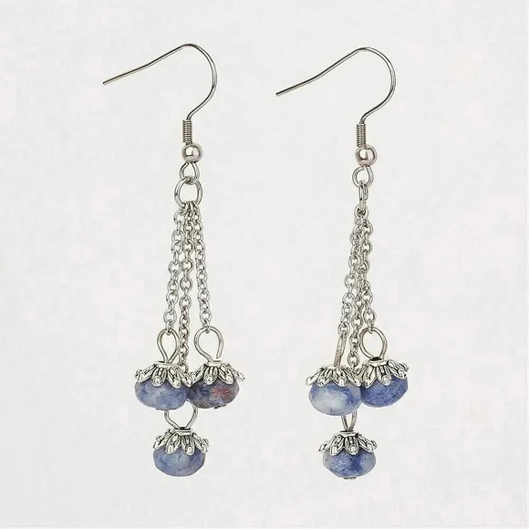 Handmade Edgy Surgical Steel Gemstone Earrings Triple Chain Denim Lapis Lazuli - Picture 1 of 1